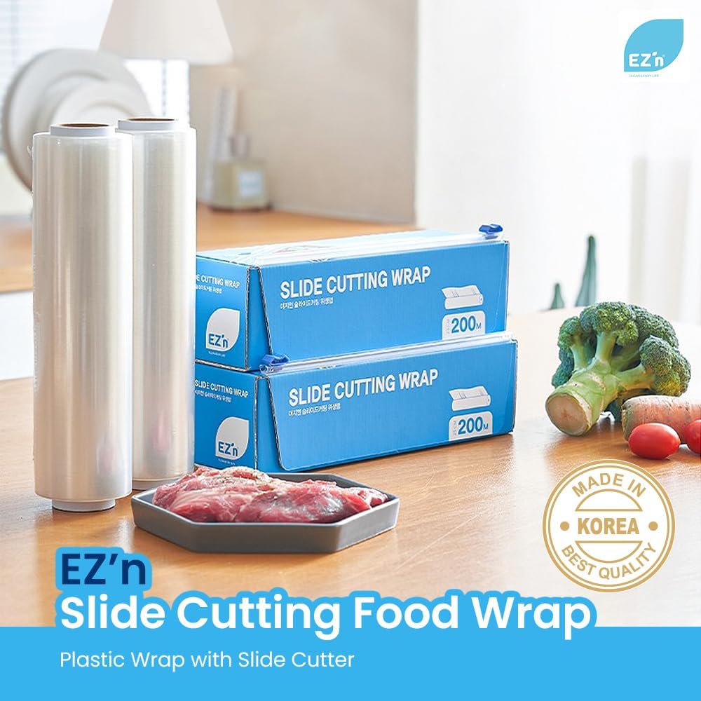 EZ'n Slide Cutting Plastic Food Wrap - BPA-Free, Stretch Cling Film Dispenser with Built-In Safe Slide Cutter – 11.8 Inch x 656.1 Feet Roll, Anti-Fog & Leak-Proof Food-Safe Material, Made in Korea