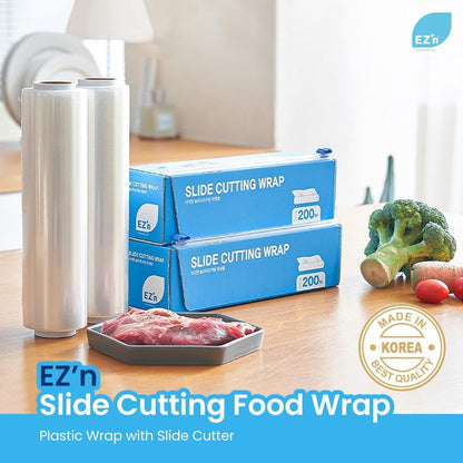 EZ'n Slide Cutting Plastic Food Wrap - BPA-Free, Stretch Cling Film Dispenser with Built-In Safe Slide Cutter – 11.8 Inch x 656.1 Feet Roll, Anti-Fog & Leak-Proof Food-Safe Material, Made in Korea