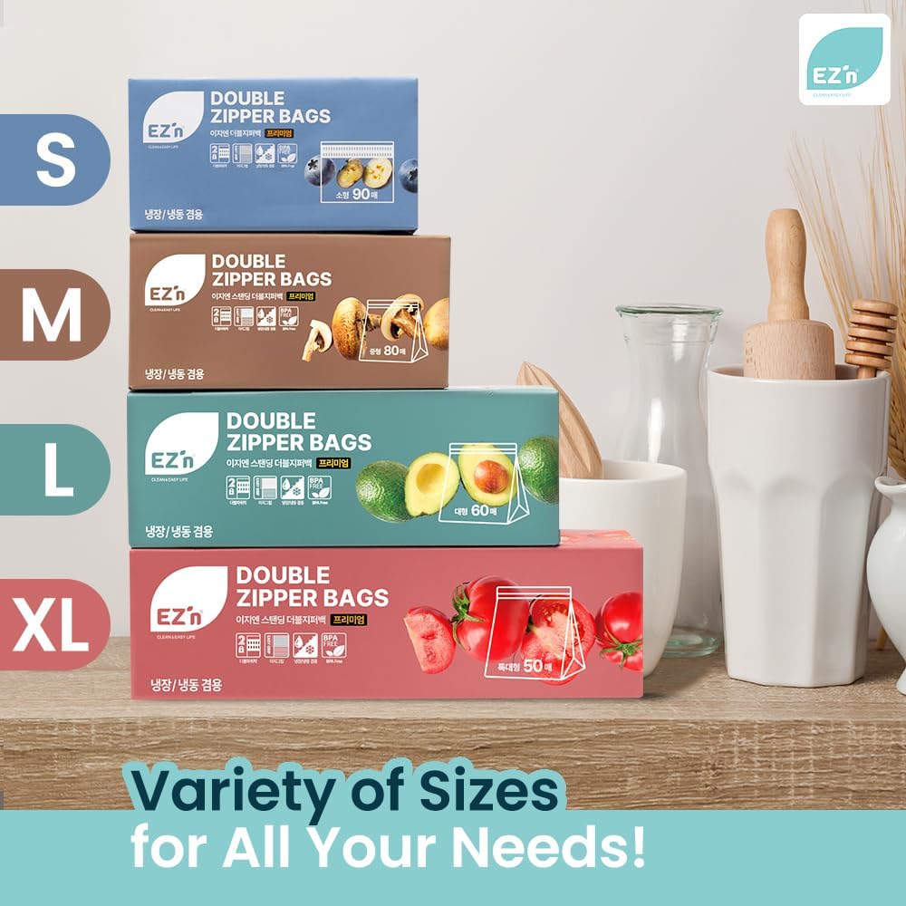 EZ'n Premium Double Zipper Food Storage Bags – 80 Count, Medium Size, Durable, BPA-Free, Leakproof & Freezer Safe Resealable Plastic Bags with Double Power Lock Seal - Made in Korea