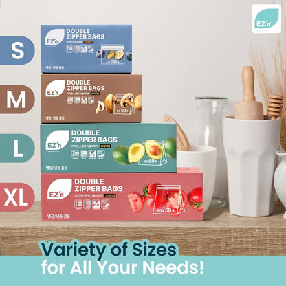 EZ'n Premium Double Zipper Food Storage Bags – 80 Count, Medium Size, Durable, BPA-Free, Leakproof & Freezer Safe Resealable Plastic Bags with Double Power Lock Seal - Made in Korea