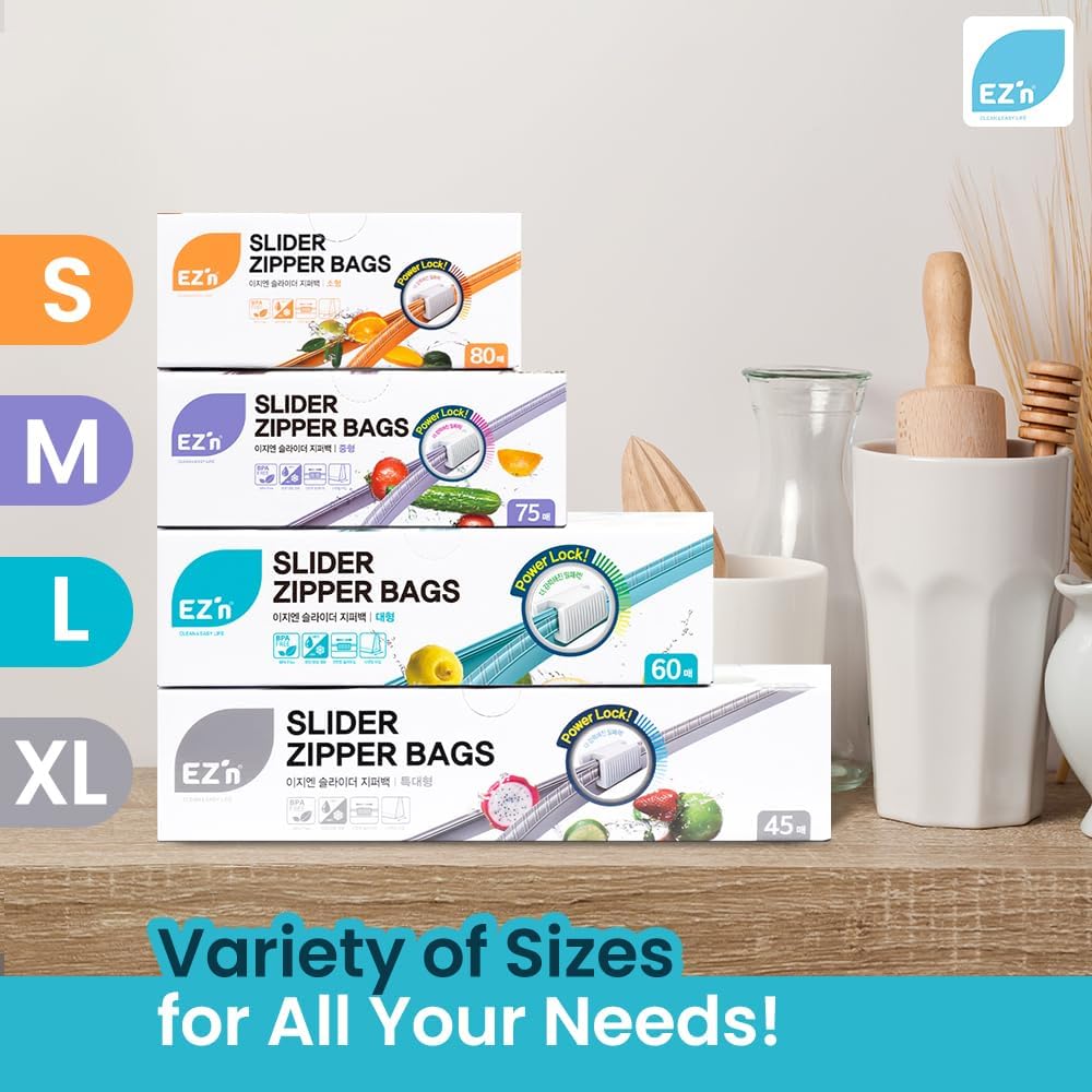 EZ'n Slider Zipper Food Storage Bags – 75 Count, Medium Size, Durable, BPA-Free, Leakproof & Freezer Safe Resealable Plastic Bags with Power Lock Seal - Made in Korea