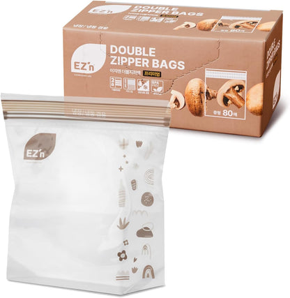 EZ'n Premium Double Zipper Food Storage Bags – 80 Count, Medium Size, Durable, BPA-Free, Leakproof & Freezer Safe Resealable Plastic Bags with Double Power Lock Seal - Made in Korea