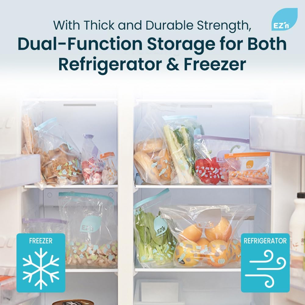 EZ'n Slider Zipper Food Storage Bags – 75 Count, Medium Size, Durable, BPA-Free, Leakproof & Freezer Safe Resealable Plastic Bags with Power Lock Seal - Made in Korea