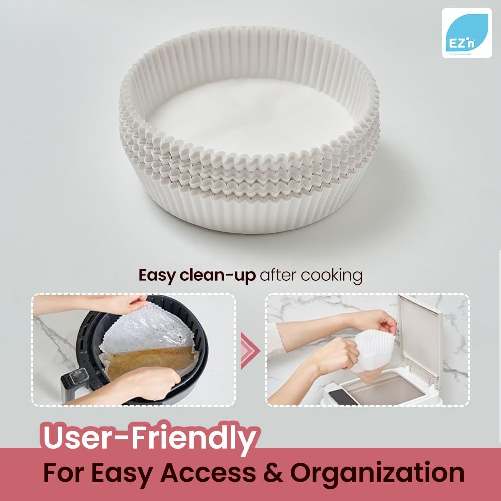 EZ'n Air Fryer Parchment Paper Liners (Large Size, 150 Pack) – Non-Stick, Ridged, Heat-Resistant Disposable Paper for Airfryer, Oven, Microwave – 9.1 Inch Round Silicone-Coated Baking Sheets