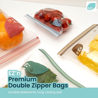 EZ'n Premium Double Zipper Food Storage Bags – 80 Count, Medium Size, Durable, BPA-Free, Leakproof & Freezer Safe Resealable Plastic Bags with Double Power Lock Seal - Made in Korea
