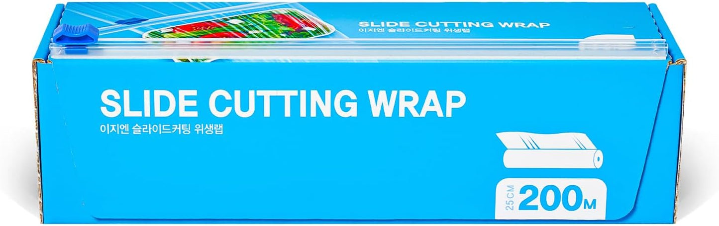 EZ'n Slide Cutting Plastic Food Wrap - BPA-Free, Stretch Cling Film Dispenser with Built-In Safe Slide Cutter – 11.8 Inch x 656.1 Feet Roll, Anti-Fog & Leak-Proof Food-Safe Material, Made in Korea