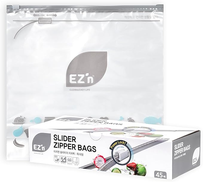 EZ'n Slider Zipper Food Storage Bags – 45 Count, X-Large Size, Durable, BPA-Free, Leakproof & Freezer Safe Resealable Plastic Bags with Power Lock Seal - Made in Korea