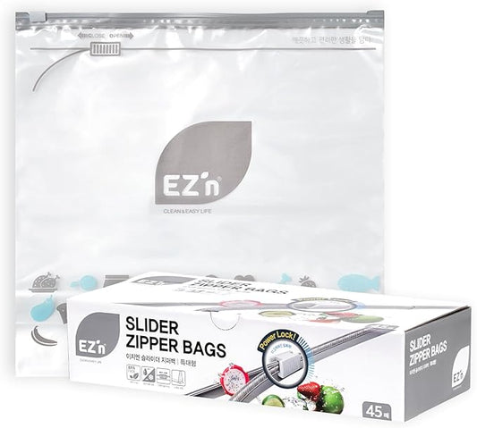 EZ'n Slider Zipper Food Storage Bags – 45 Count, X-Large Size, Durable, BPA-Free, Leakproof & Freezer Safe Resealable Plastic Bags with Power Lock Seal - Made in Korea