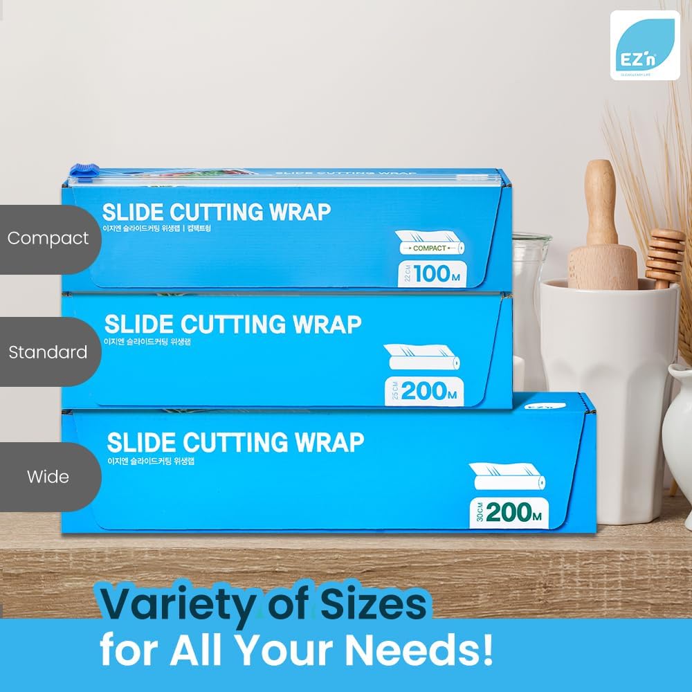EZ'n Slide Cutting Plastic Food Wrap - BPA-Free, Stretch Cling Film Dispenser with Built-In Safe Slide Cutter – 11.8 Inch x 656.1 Feet Roll, Anti-Fog & Leak-Proof Food-Safe Material, Made in Korea