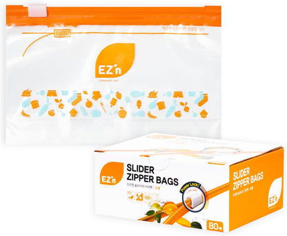 EZ'n Slider Zipper Food Storage Bags – 80 Count, Small Size, Durable, BPA-Free, Leakproof & Freezer Safe Resealable Plastic Bags with Power Lock Seal - Made in Korea