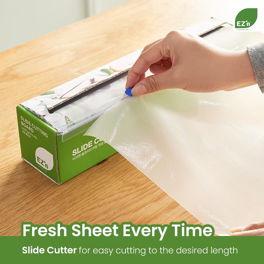 EZ’n Slide Cutting Board Sheet – 11.81 in x 26.25 ft BPA-Free Plastic Chopping Board Roll with Easy Cut Slider – Non-Slip, Dishwasher Safe, Knife-Friendly Surface – Food Prep Board, Made in Korea