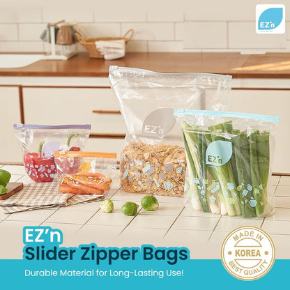 EZ'n Slider Zipper Food Storage Bags – 80 Count, Small Size, Durable, BPA-Free, Leakproof & Freezer Safe Resealable Plastic Bags with Power Lock Seal - Made in Korea
