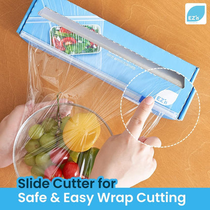 EZ'n Slide Cutting Plastic Food Wrap - BPA-Free, Stretch Cling Film Dispenser with Built-In Safe Slide Cutter – 11.8 Inch x 656.1 Feet Roll, Anti-Fog & Leak-Proof Food-Safe Material, Made in Korea