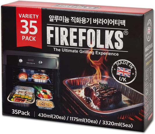 FIREFOLKS Disposable Premium Aluminum Pans – 35 Pack Variety Set Heavy-Duty Open-Flame Trays, Cookware for Cooking, Baking, Roasting, Heating, Grilling, Food Prepping
