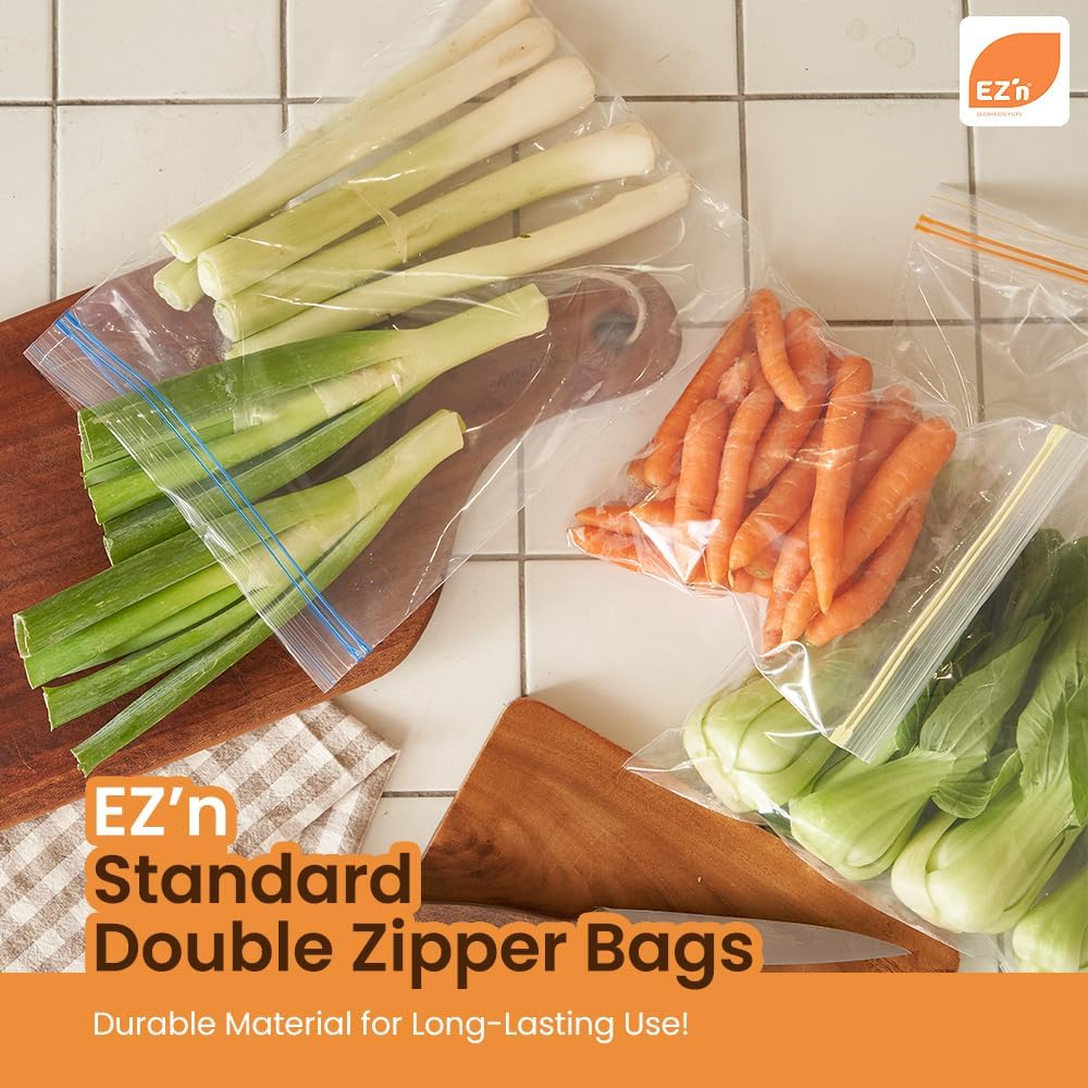 EZ'n Standard Double Zipper Food Storage Bags – 80 Count, Large Size, Durable, BPA-Free, Leakproof & Freezer Safe Resealable Plastic Bags - Made in Korea