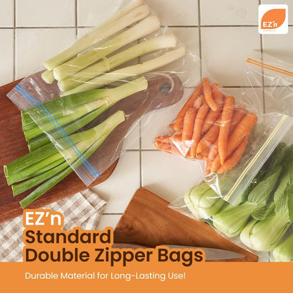 EZ'n Standard Double Zipper Food Storage Bags – 100 Count, Medium Size, Durable, BPA-Free, Leakproof & Freezer Safe Resealable Plastic Bags - Made in Korea
